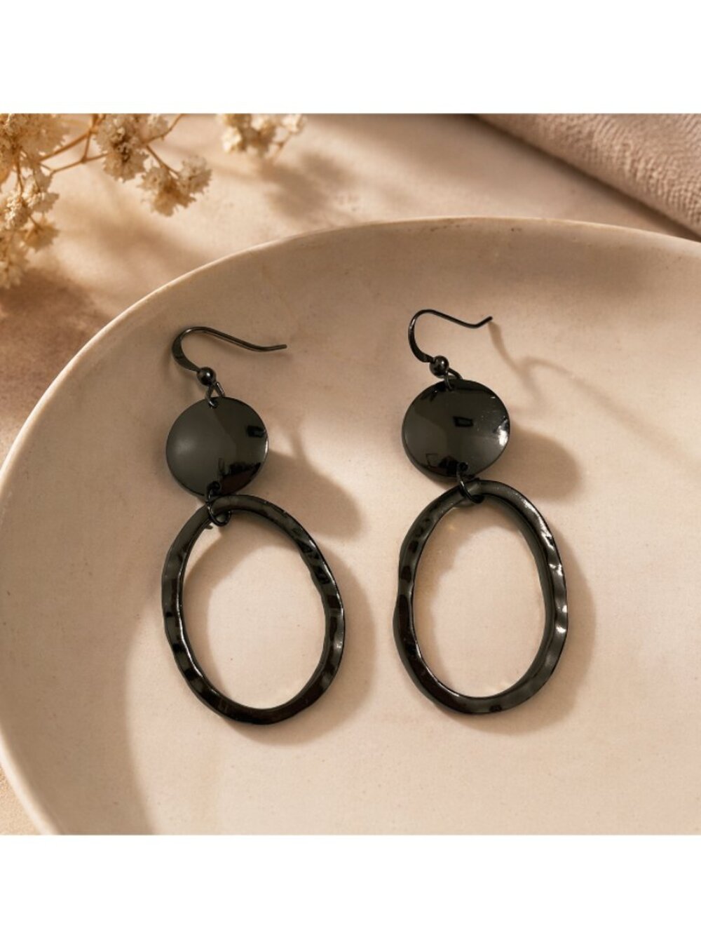 Black Hammered Oval Drop Earrings | Lightweight Dangle Earrings
